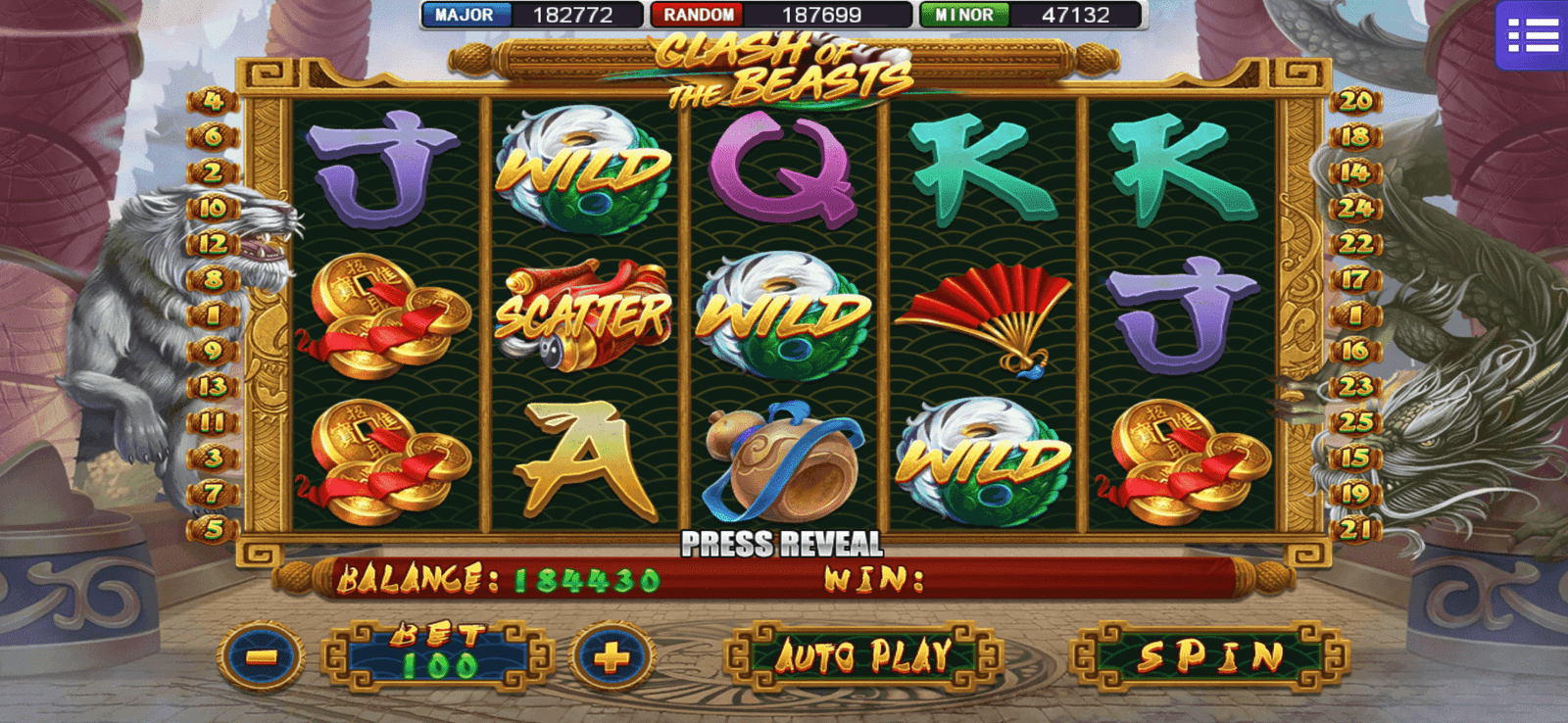 MEGA888 Clash of the Beasts Slot Interface – Tiger vs Dragon Battle