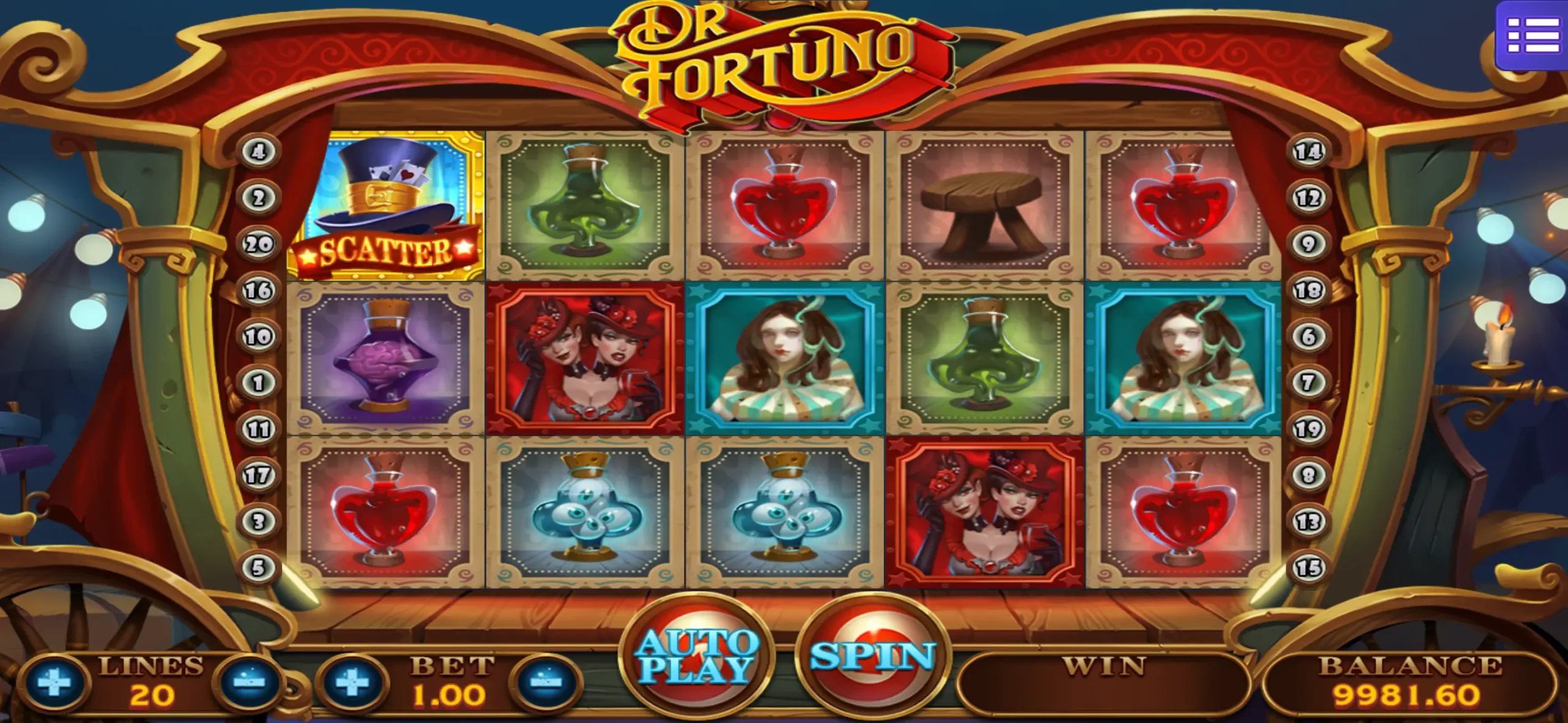MEGA888 Dr Fortuno Slot Game Interface – Mysterious Circus Theme